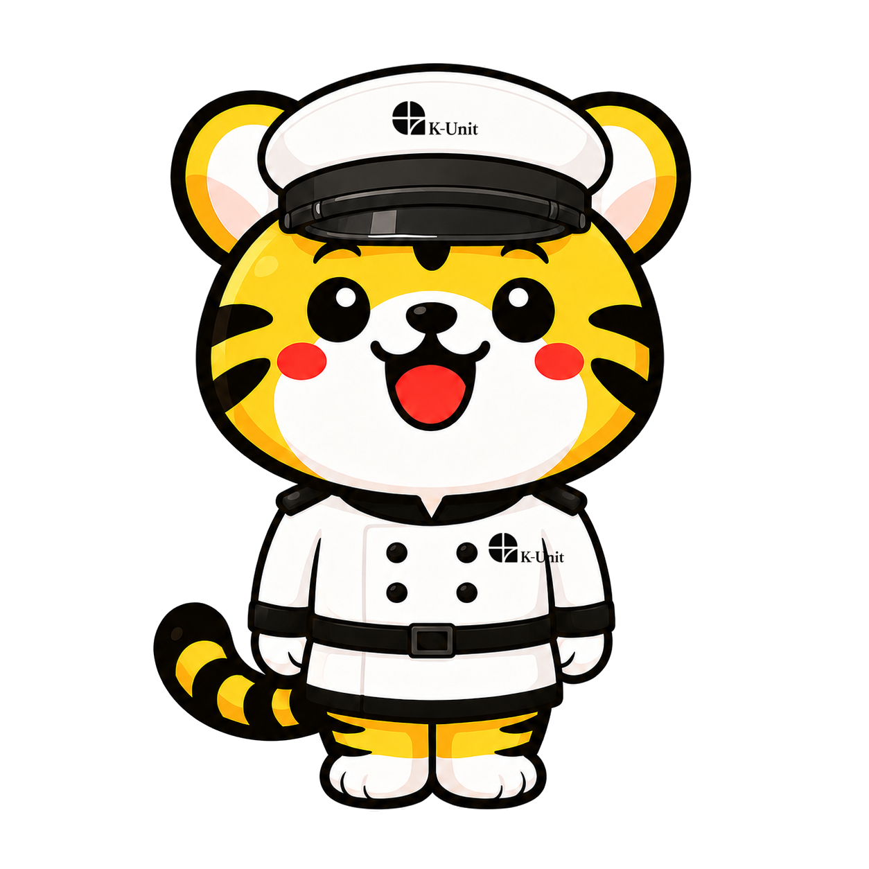 制帽と制服を身につけたK-Unitのとらのキャラクター